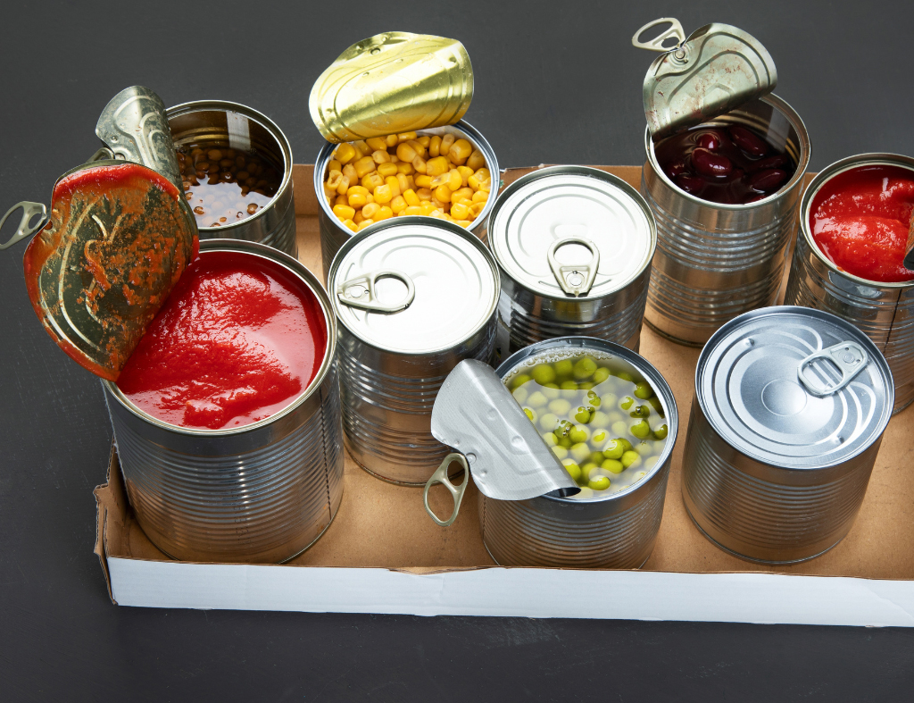 Assortment of canned food.