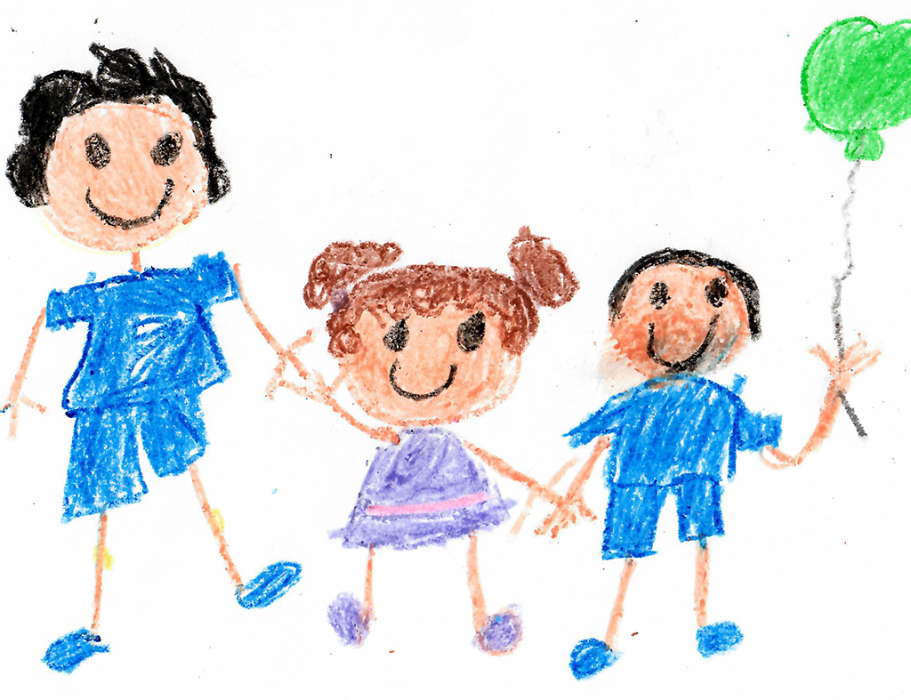 a child's drawing in crayon, of 3 children holding hands, with one of them holding a green balloon.